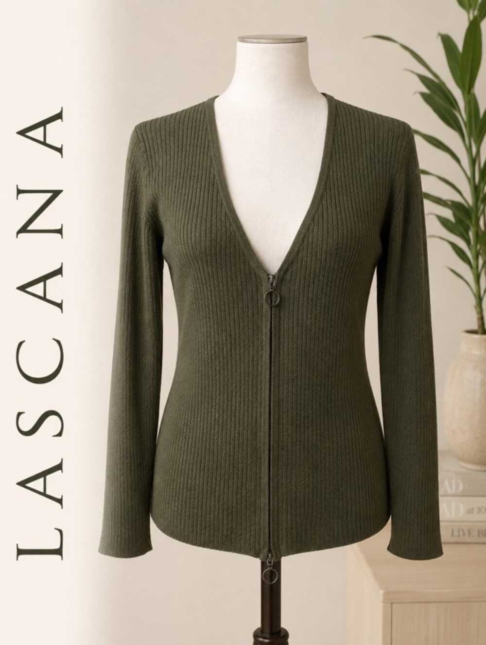 LASCANA Rib Knit Zip-Up Sweater Top Olive Green